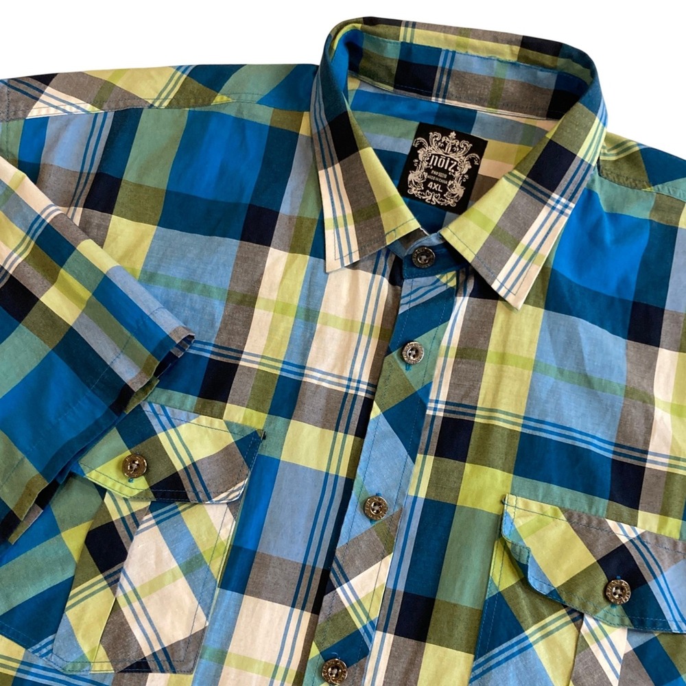 Noiz Mens Shirt 4XL Short Sleeve Plaid B/D Shirt Blue Green Streetwear Baggy